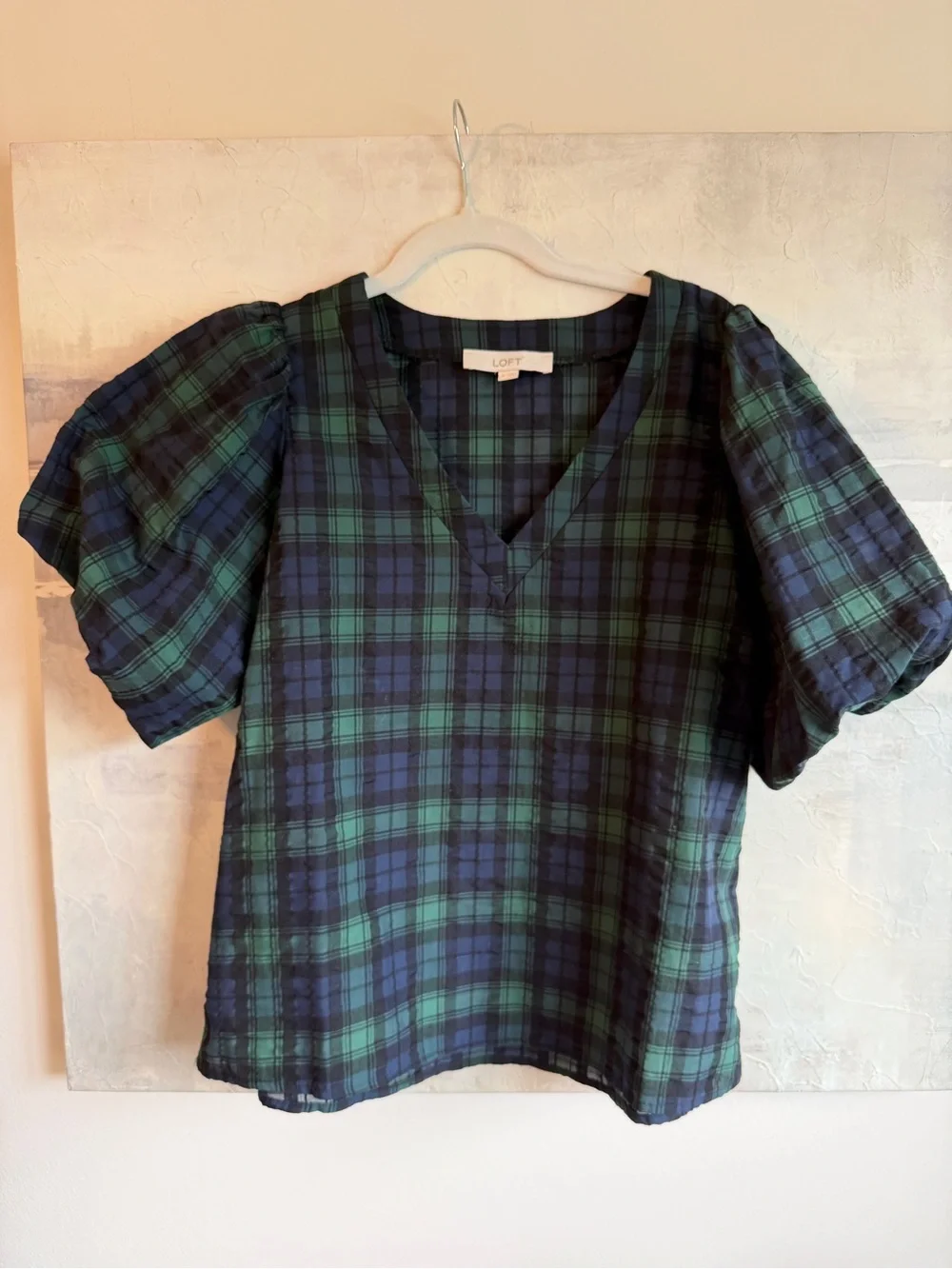 LOFT Green Blue Plaid Puff Sleeve V-Neck Blouse Top Southern Preppy Medium
